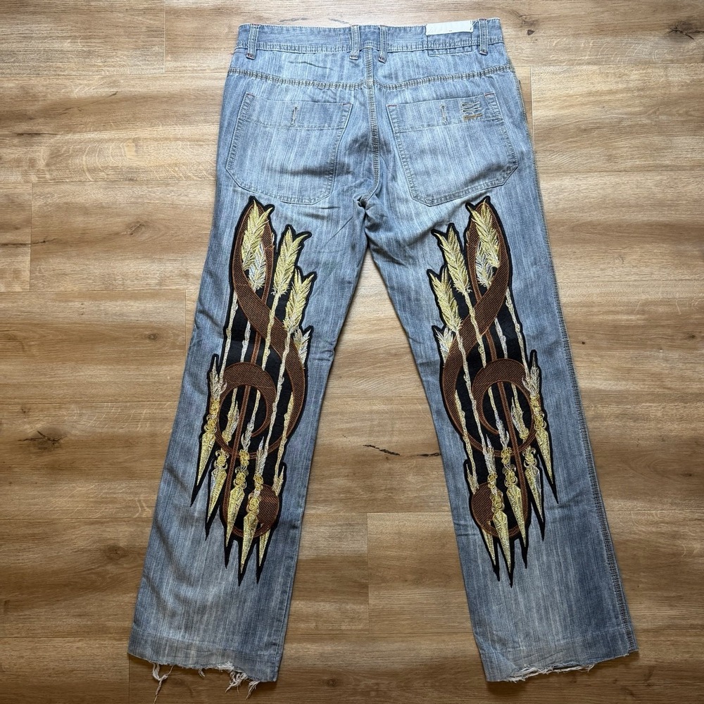Embroidered Jeans Men 34x32 Blue Straight Leg Denim Whiskered Custom Denim Y2K